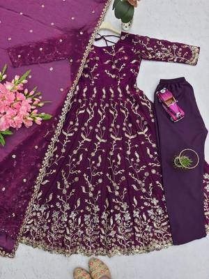 Wine fendy satin heavy embroidery work long wedding wear gown 2
