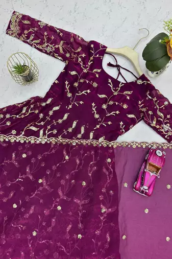 Wine fendy satin heavy embroidery work long wedding wear gown