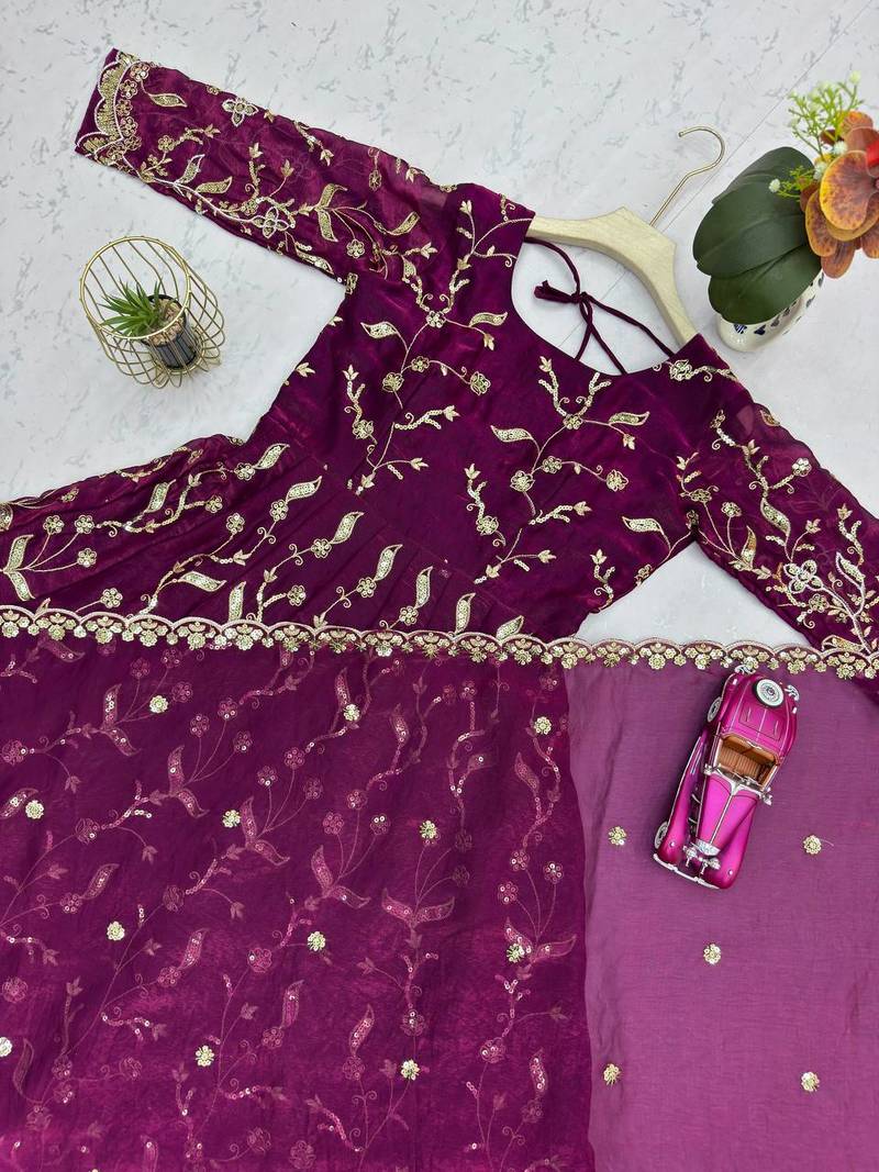 Wine fendy satin heavy embroidery work long wedding wear gown