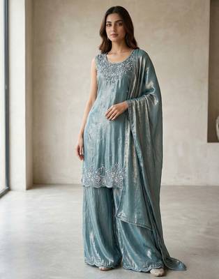 Sky blue havy beads work kurti plazzo set 1
