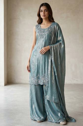 Sky blue havy beads work kurti plazzo set