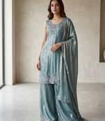 Sky blue havy beads work kurti plazzo set