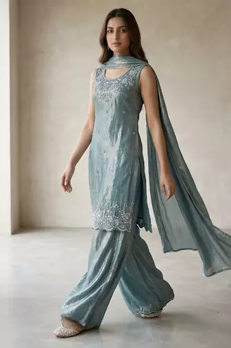 Sky blue havy beads work kurti plazzo set