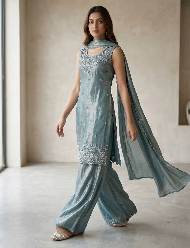 Sky blue havy beads work kurti plazzo set