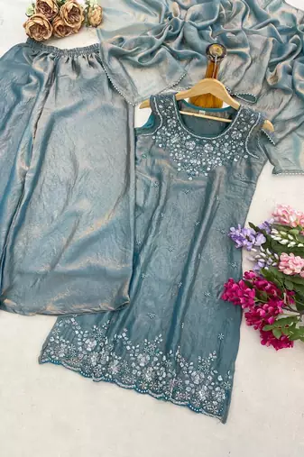 Sky blue havy beads work kurti plazzo set