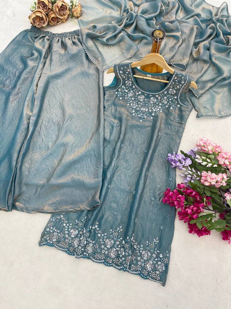 Sky blue havy beads work kurti plazzo set