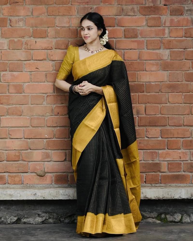 New Banarasi Soft Silk Black Color Women's Saree With Blouse Set