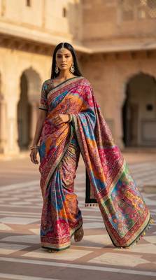 New Fancy Roman Silk With Ajarakh Print With Real Mirror Work Saree With Blouse Ser For Women's 1