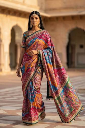 New Fancy Roman Silk With Ajarakh Print With Real Mirror Work Saree With Blouse Ser For Women's