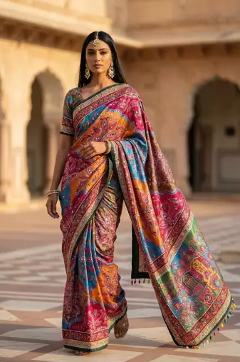New Fancy Roman Silk With Ajarakh Print With Real Mirror Work Saree With Blouse Ser For Women's