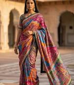 New Fancy Roman Silk With Ajarakh Print With Real Mirror Work Saree With Blouse Ser For Women's