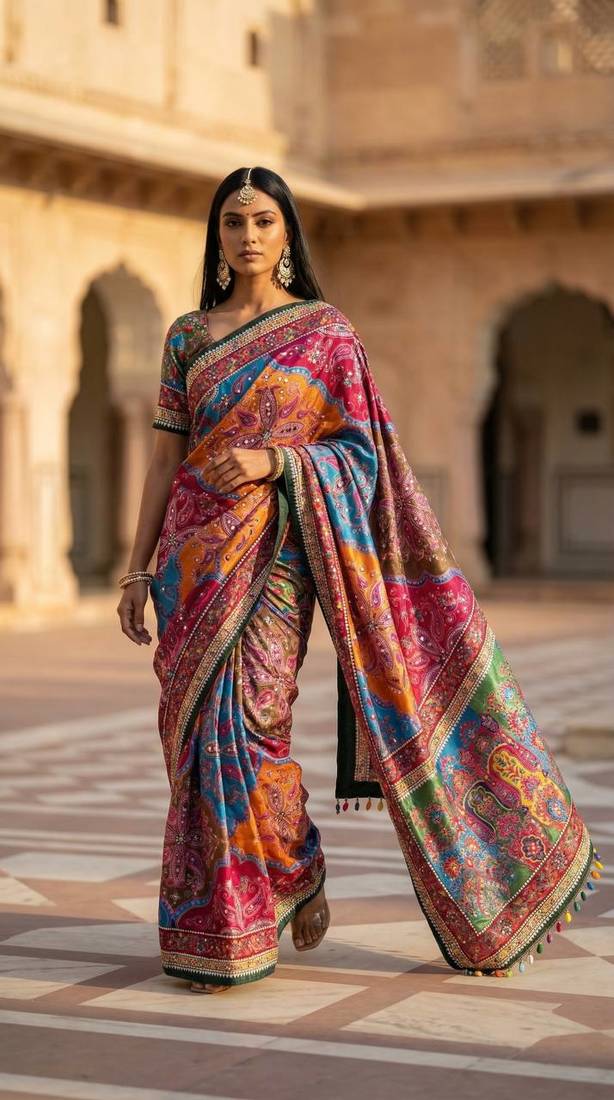 New Fancy Roman Silk With Ajarakh Print With Real Mirror Work Saree With Blouse Ser For Women's