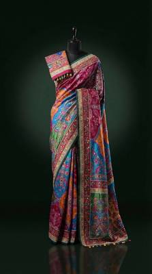 New Fancy Roman Silk With Ajarakh Print With Real Mirror Work Saree With Blouse Ser For Women's 2