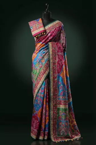 New Fancy Roman Silk With Ajarakh Print With Real Mirror Work Saree With Blouse Ser For Women's