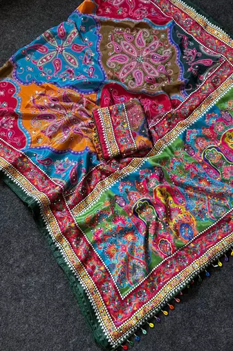 New Fancy Roman Silk With Ajarakh Print With Real Mirror Work Saree With Blouse Ser For Women's