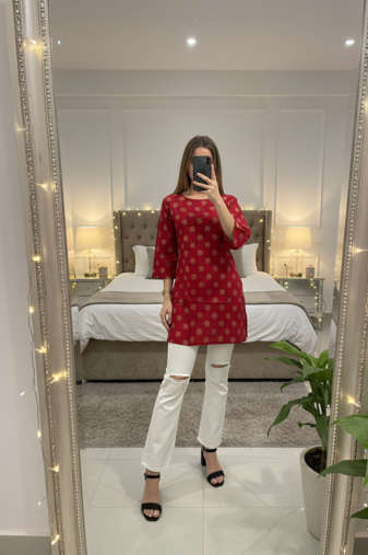 Women's Rayon Gold Printed Designer A-Line Short Kurti