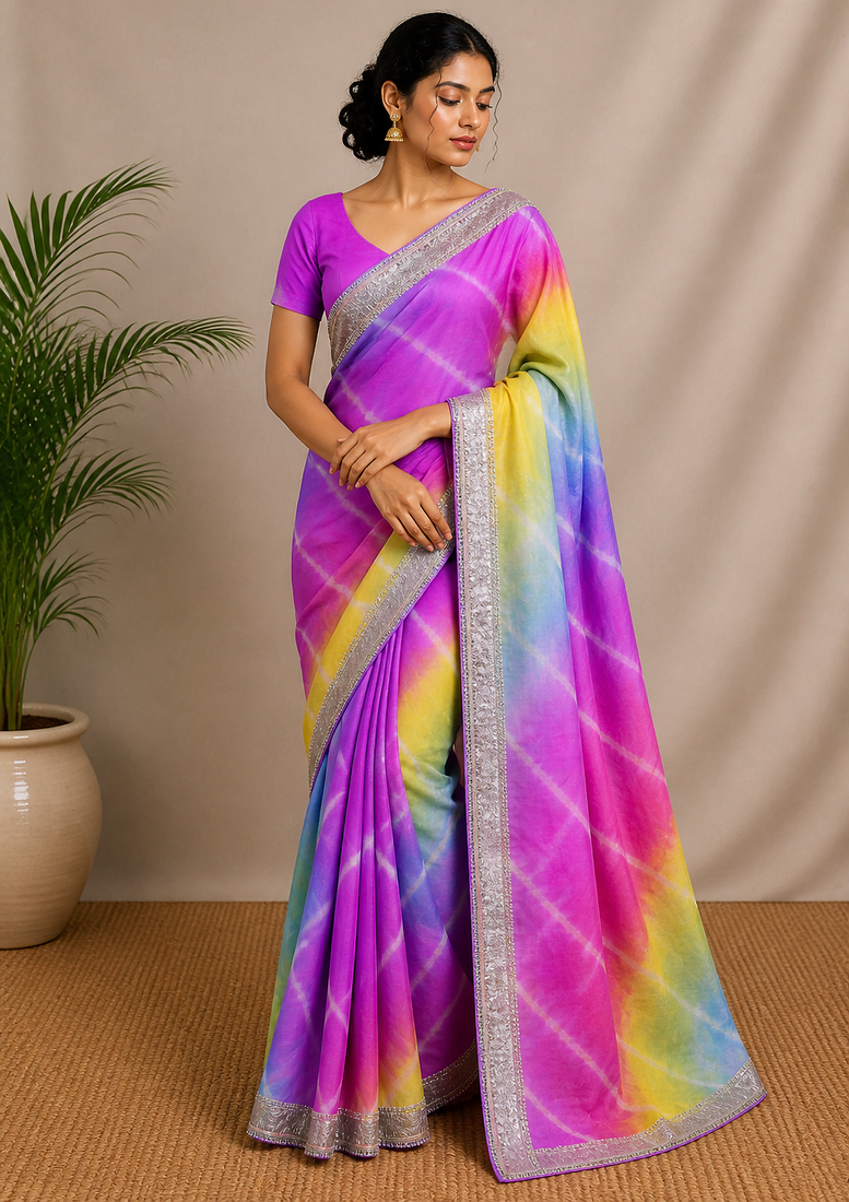 Multicolor chiffon saree with Unstitched blouse