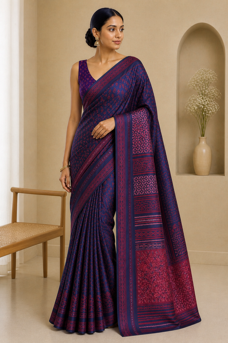 Block printed purple saree with Unstitched blouse