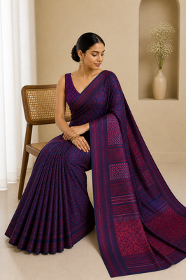 Block printed purple saree with Unstitched blouse 2