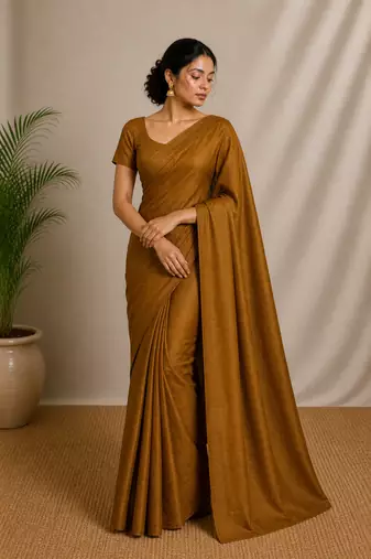 Golden maheshwari tissue saree with unstitched blouse