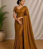 Golden maheshwari tissue saree with unstitched blouse