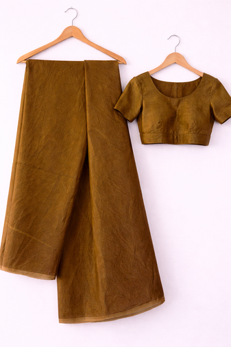 Golden maheshwari tissue saree with unstitched blouse