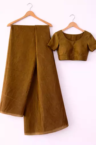 Golden maheshwari tissue saree with unstitched blouse