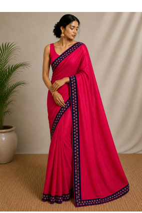 Solid gulabi saree with border (Without Blouse) 1