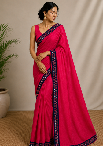 Solid gulabi saree with border (Without Blouse)