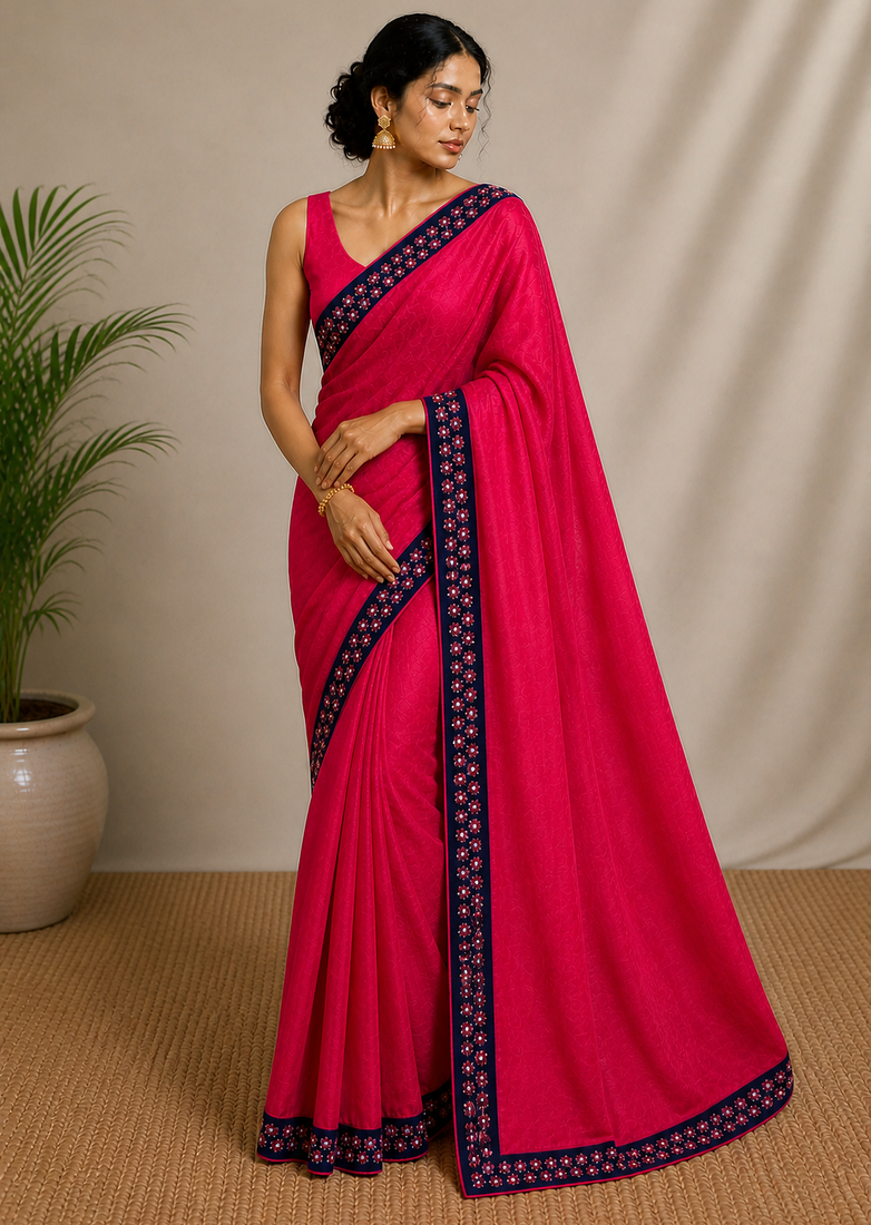 Solid gulabi saree with border (Without Blouse)