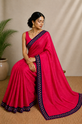 Solid gulabi saree with border (Without Blouse) 2