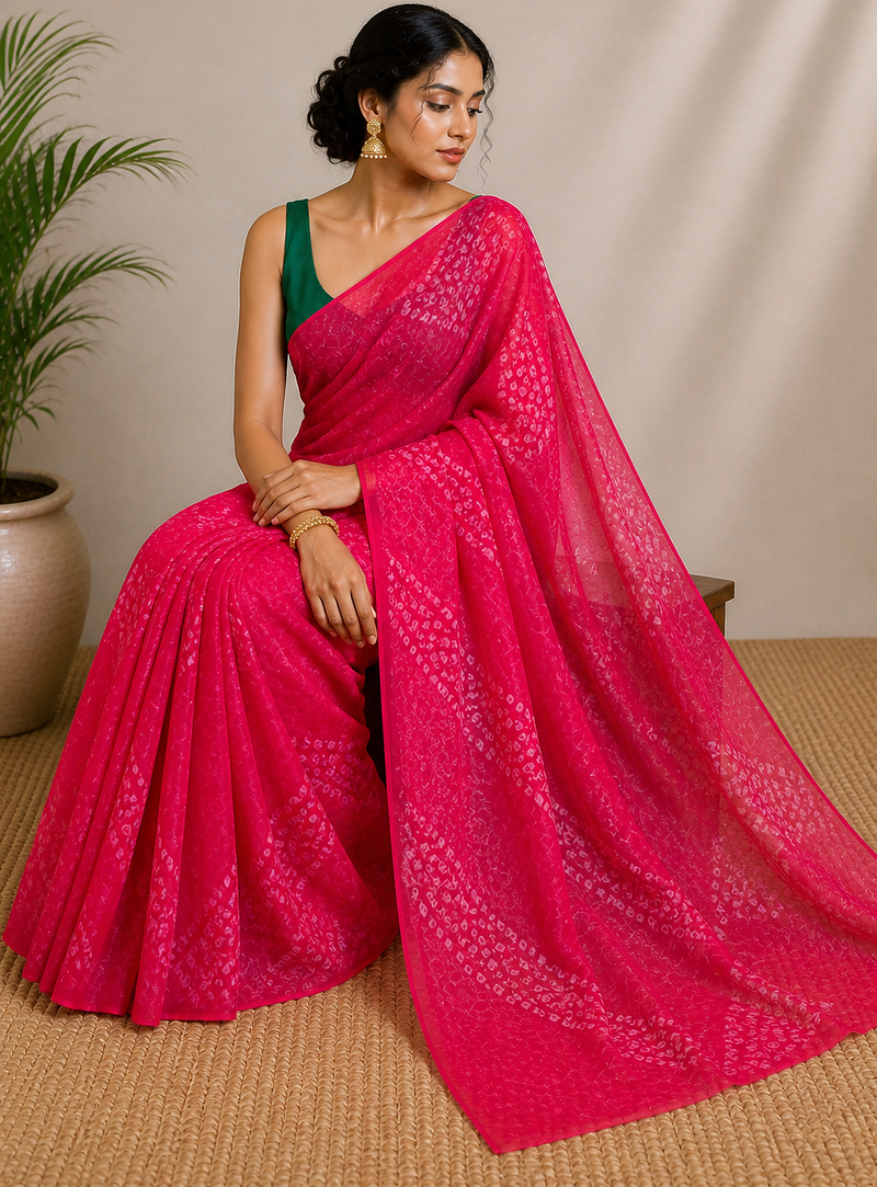 Georgette bandhej saree with Unstitched blouse