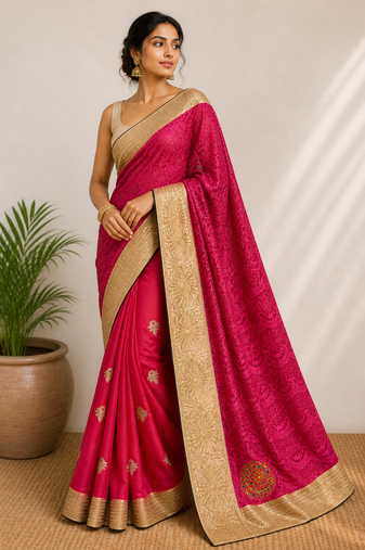 Pink fancy saree without blouse