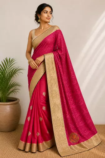 Pink fancy saree without blouse