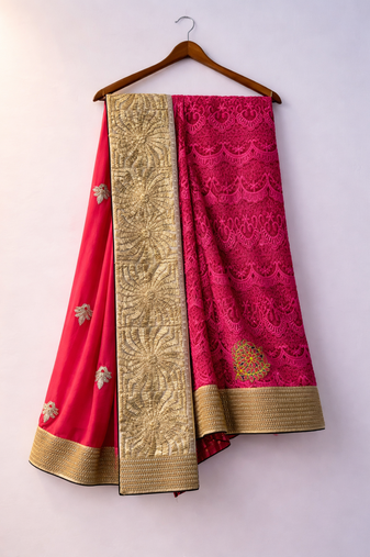 Pink fancy saree without blouse