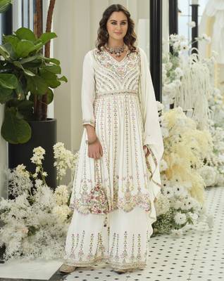 White embroidered chinon free size stitched palazzo style salwar suit 1