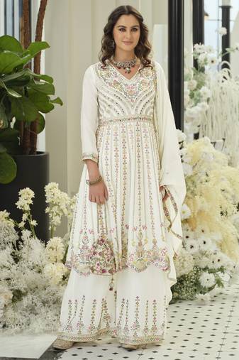 White embroidered chinon free size stitched palazzo style salwar suit
