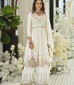 White embroidered chinon free size stitched palazzo style salwar suit
