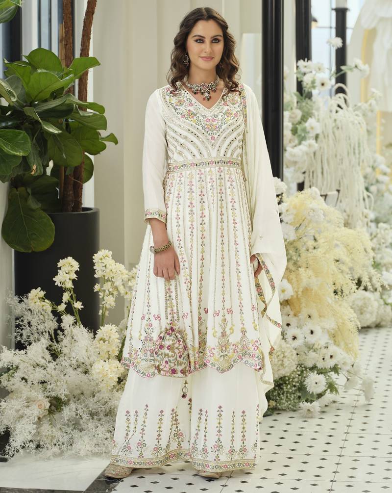 White embroidered chinon free size stitched palazzo style salwar suit
