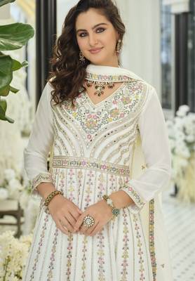 White embroidered chinon free size stitched palazzo style salwar suit 2