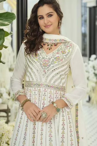 White embroidered chinon free size stitched palazzo style salwar suit