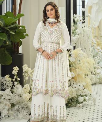 White embroidered chinon free size stitched palazzo style salwar suit 3