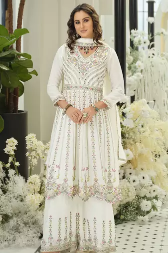 White embroidered chinon free size stitched palazzo style salwar suit