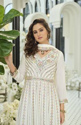 White embroidered chinon free size stitched palazzo style salwar suit 4