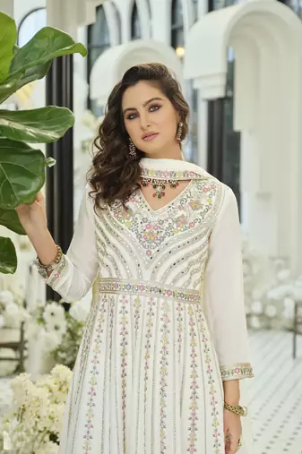 White embroidered chinon free size stitched palazzo style salwar suit