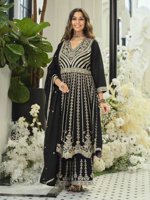 Black embroidered chinon free size stitched palazzo style salwar suit 1