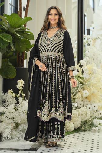 Black embroidered chinon free size stitched palazzo style salwar suit