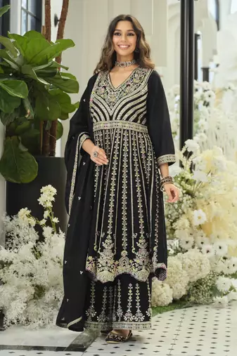 Black embroidered chinon free size stitched palazzo style salwar suit