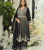Black embroidered chinon free size stitched palazzo style salwar suit