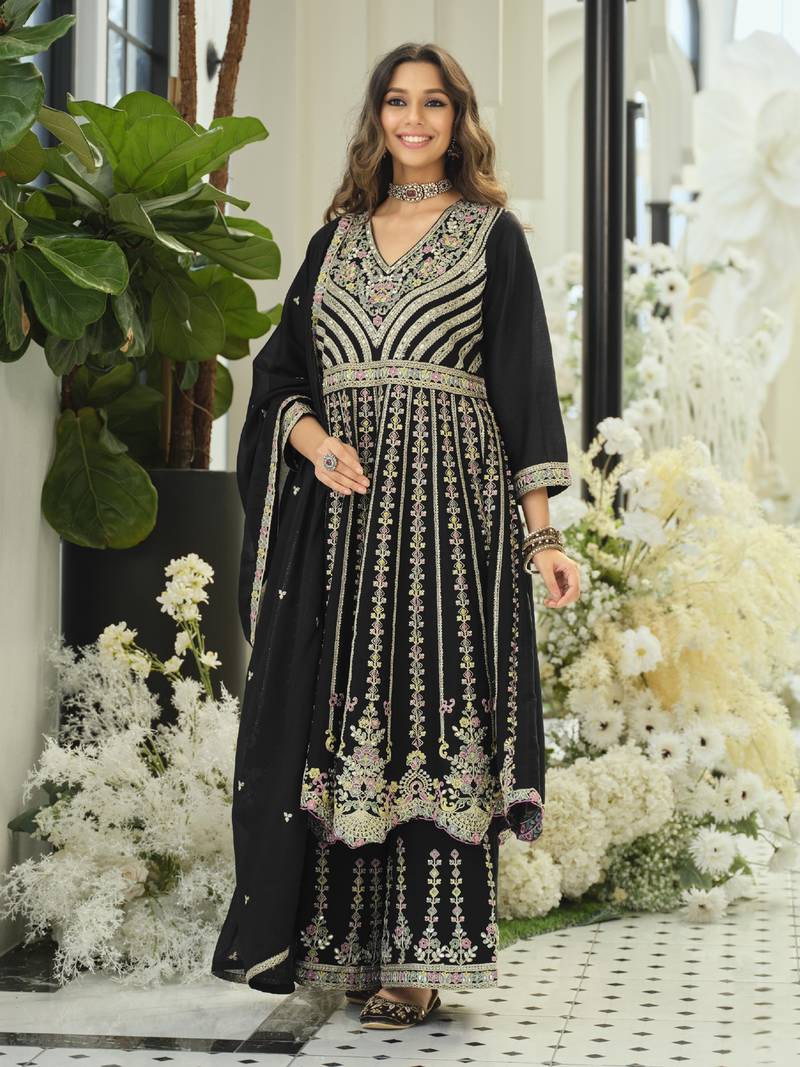 Black embroidered chinon free size stitched palazzo style salwar suit